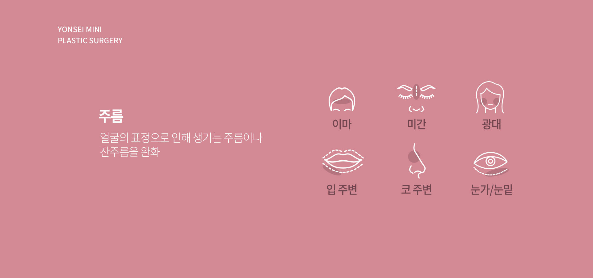 주름 - 얼굴의 표정으로 인해 생기는 주름이나 잔주름을 완화. 이마, 미간, 광대, 입 주변, 코 주변, 눈가, 눈밑